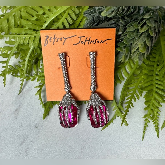 Betsey Johnson Jewelry - NFS -SOLD‼️ Betsey Johnson Ric Skeleton Hands Crystals Pink Gem Drop Earrings